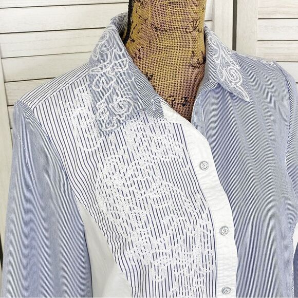 Chicos Embroidered Mixed Stripe Button Front Shirt Blue White Small - Picture 5 of 14